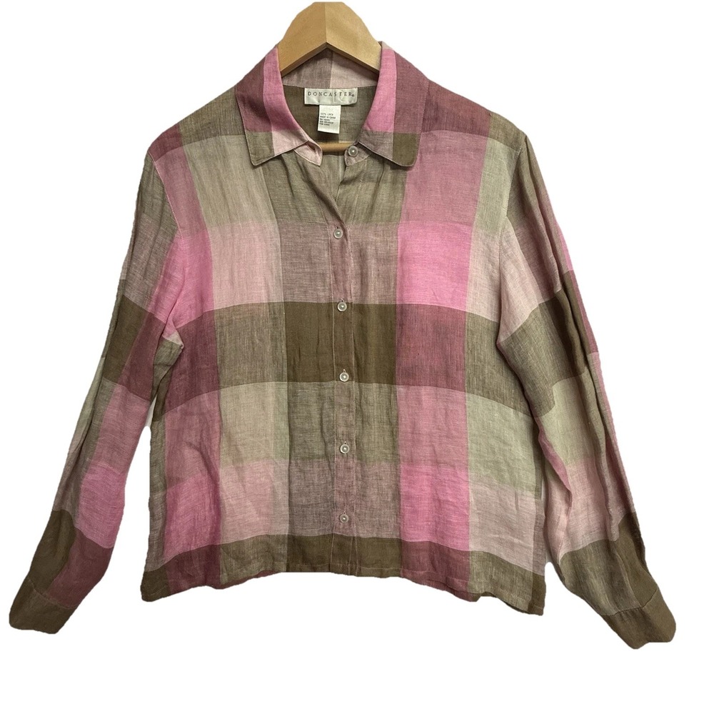 Doncaster 100% Linen Blouse‎ Womens 6 Pink Tan Plaid Button Up Lightweight